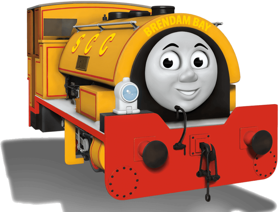 Thomas Friends 桌布 壁紙 — 一輛歡樂的黃色和紅色卡通火車引擎，帶有微笑的臉，標有 Brendam Bay。