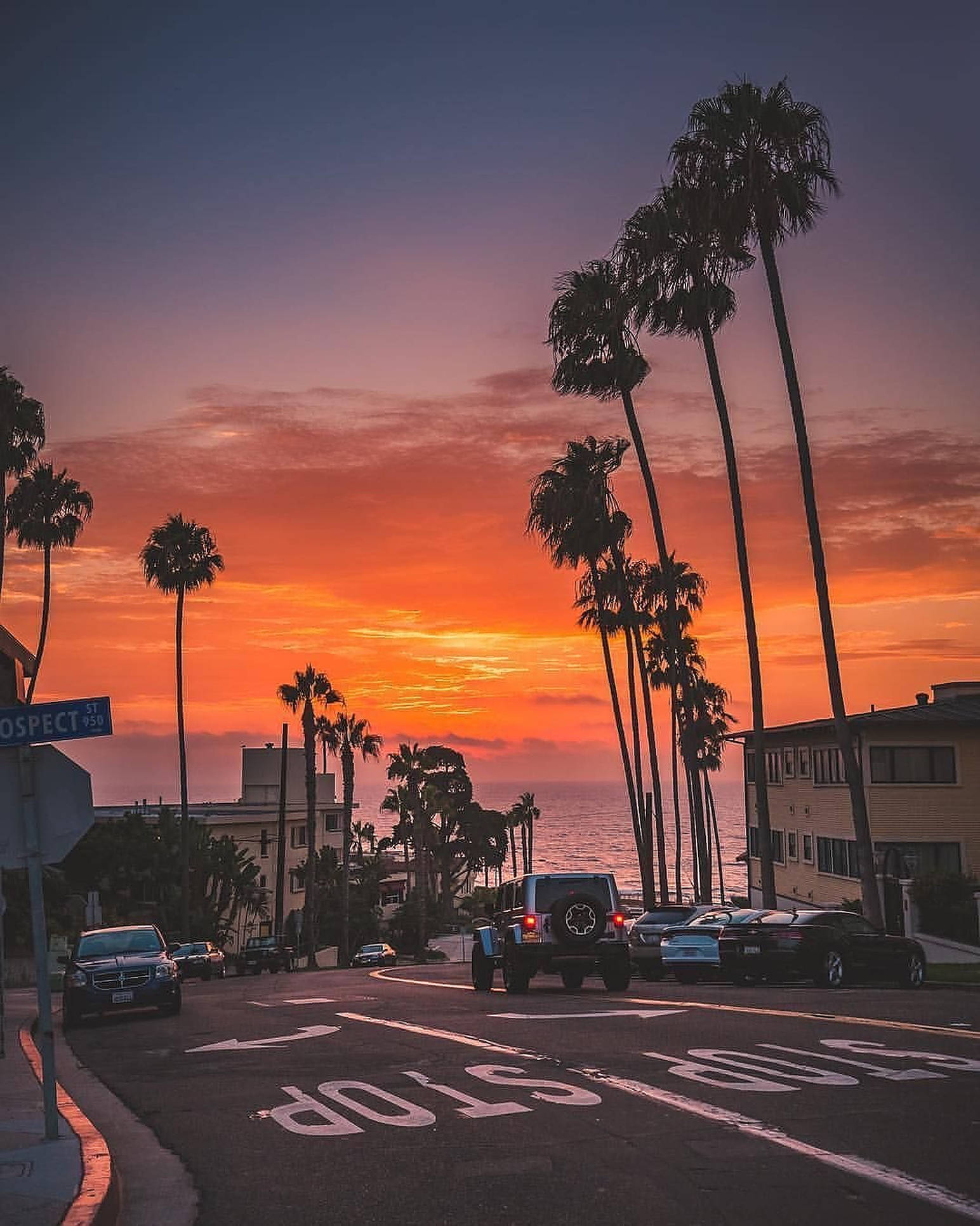Boulevard 桌布 壁紙 — 一輛汽車沿著棕櫚樹成蔭的海岸街道行駛，夕陽以火熱的橙色和紫色色調在海洋上空落下。