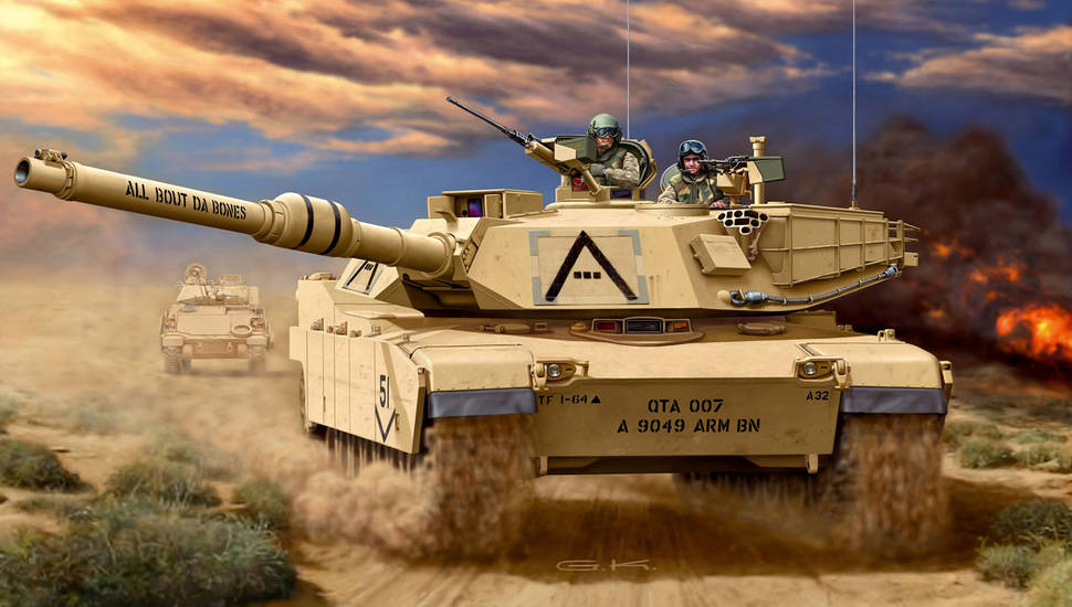 American 桌布 壁紙 — 一輛沙漠坦克與士兵在塵土飛揚的戰場上開火，背後在戲劇性的天空下火焰爆發。