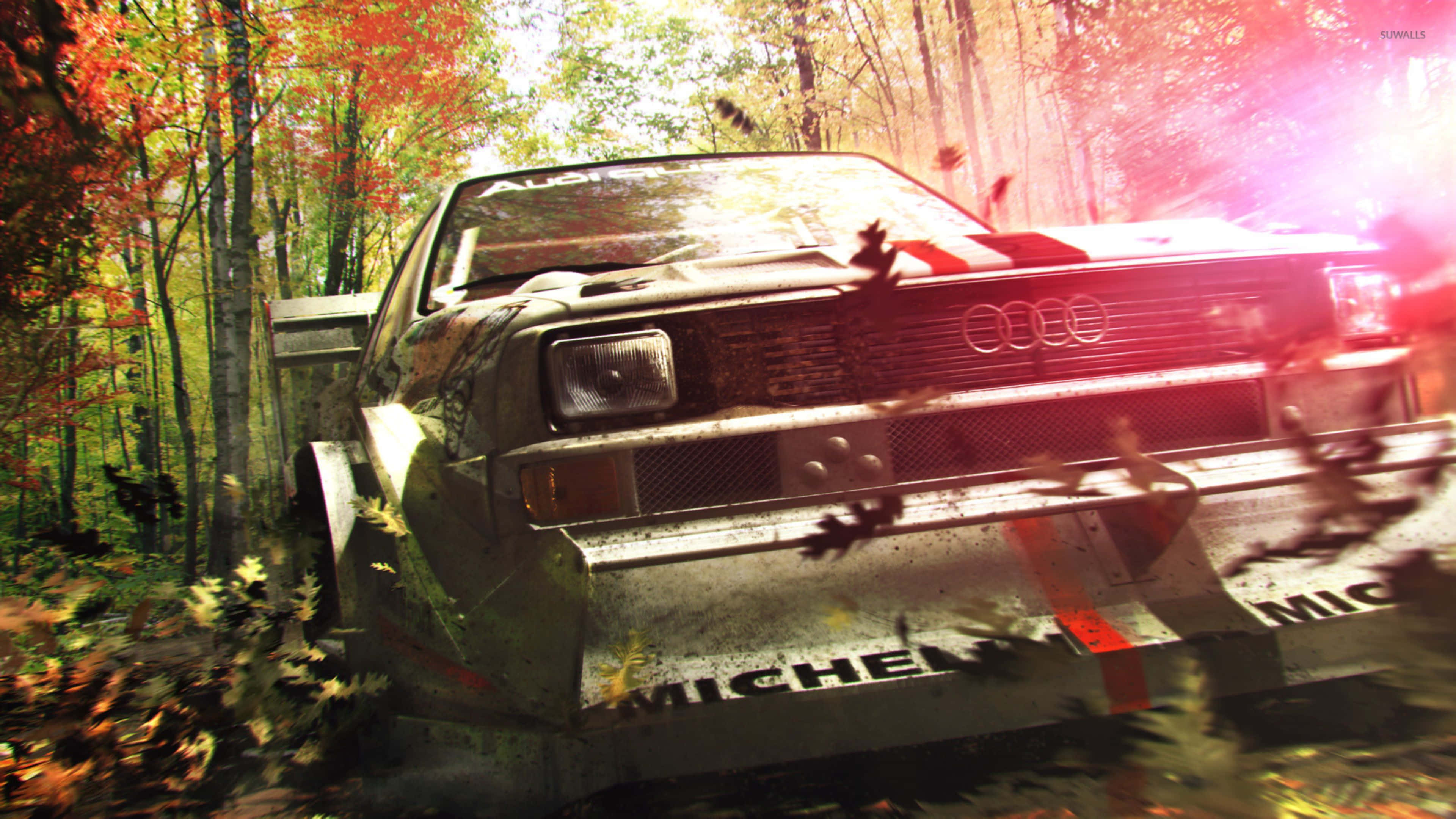 4K Dirt 3 桌布 壁紙 — 一輛泥濘的拉力賽車在充滿活力的秋日森林中疾馳，落葉飄飄，明亮的陽光穿過樹林。