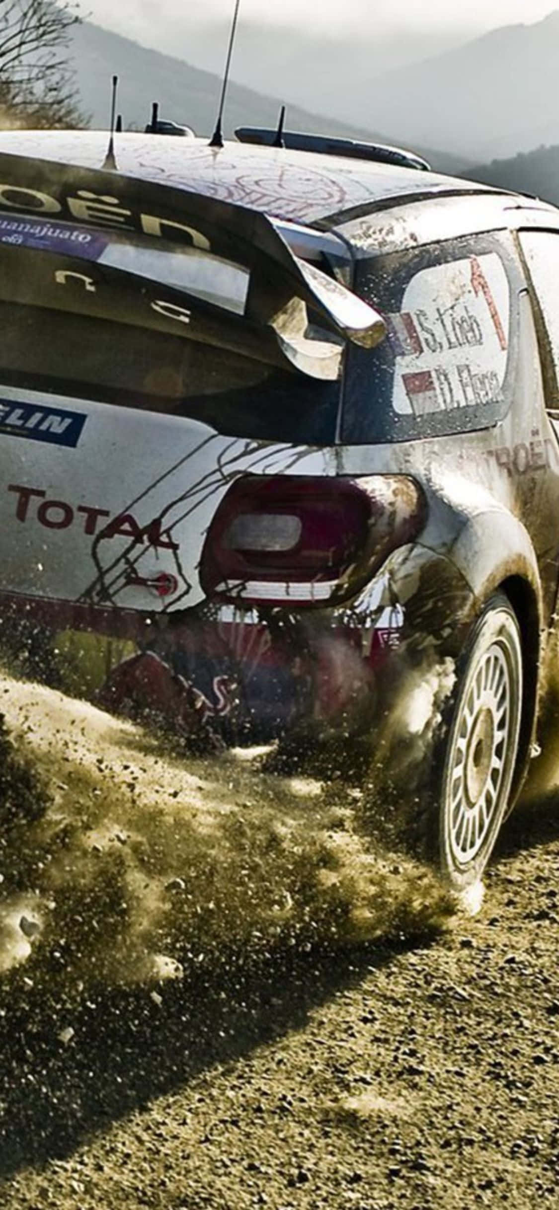 iPhone X Dirt Rally 桌布 壁紙 — 一輛泥濘的拉力賽車在崎嶇的山地賽道上疾馳，揚起塵土。