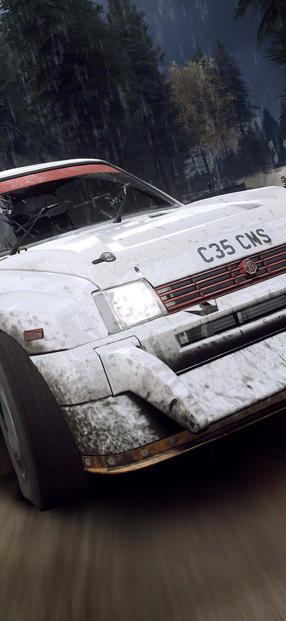 iPhone Xs Dirt Rally 桌布 壁紙 — 一輛泥濘的白色拉力賽車帶有紅色點綴，在夜間雨林中以動態模糊高速行駛。