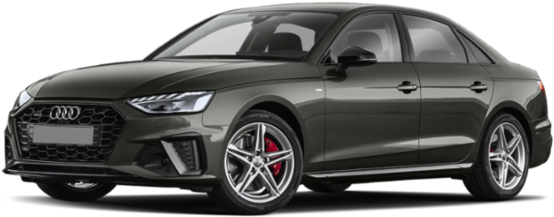 Black Car 桌布 壁紙 — 一輛流線型啞光綠色奧迪轎車，配備紅色制動卡鉗和銀色合金輪圈，側面展示在透明背景上。