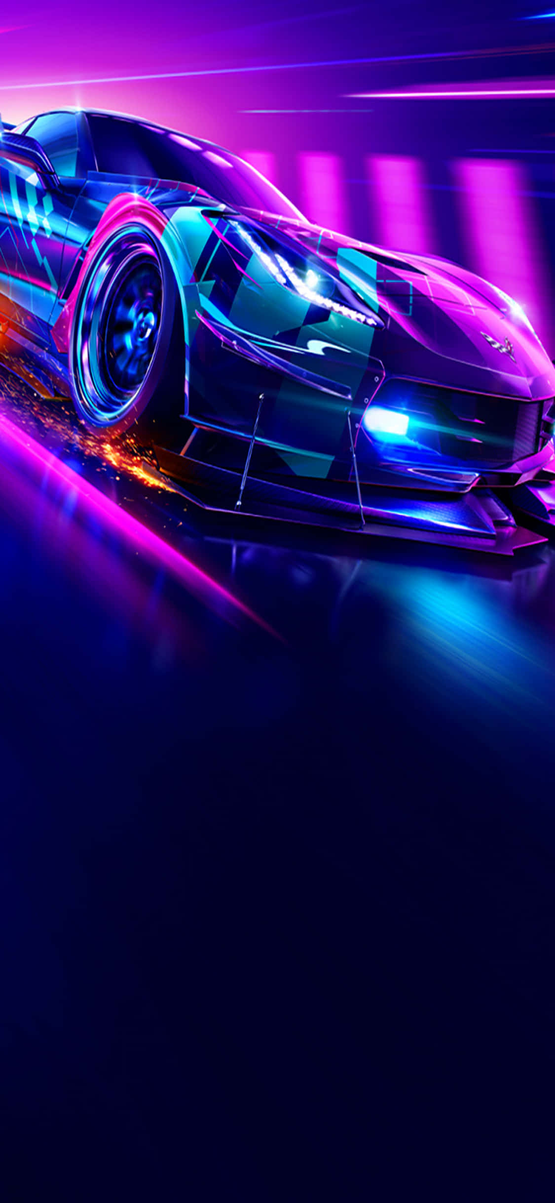 iPhone Xs Need For Speed Heat 桌布 壁紙 — 一輛流線型未來主義跑車在充滿霓虹燈的城市隧道中滑行，紫色和藍色的燈光呼嘯而過。