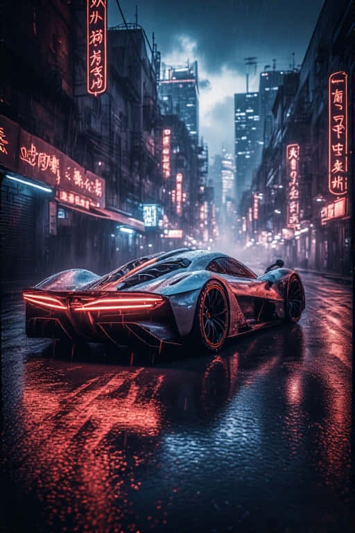 Cyberpunk Supercar in Neon Rainy Alley Futuristic 4K 壁紙 — 一輛流線型未來主義跑車在夜晚穿過濕漉漉的霓虹燈光下的賽博朋克城市街道。