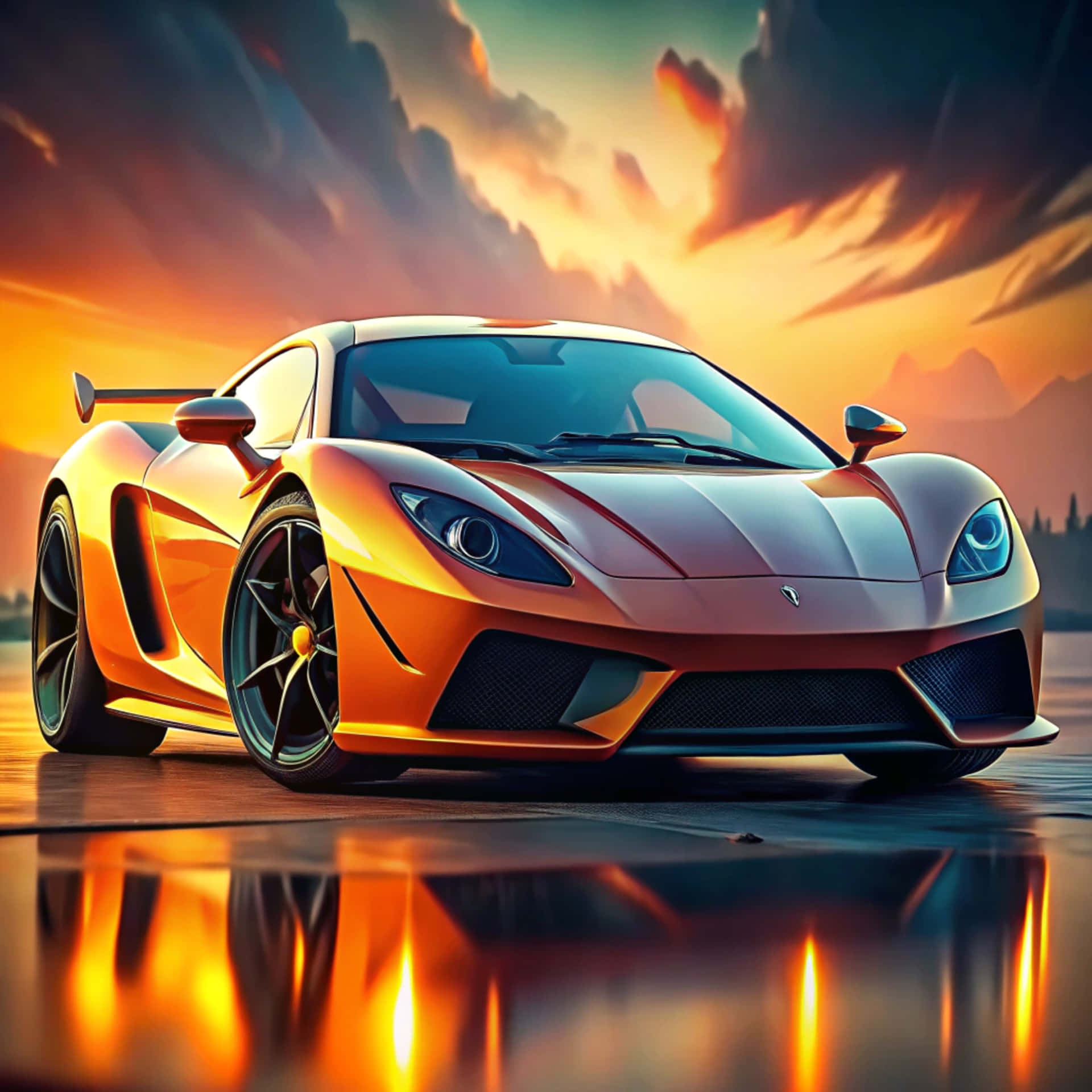 Sports car 壁紙 — 一輛流線型橙色跑車在熾熱的日落天空下閃耀，戲劇性的雲層和山脈輪廓倒映在濕漉漉的路面上。