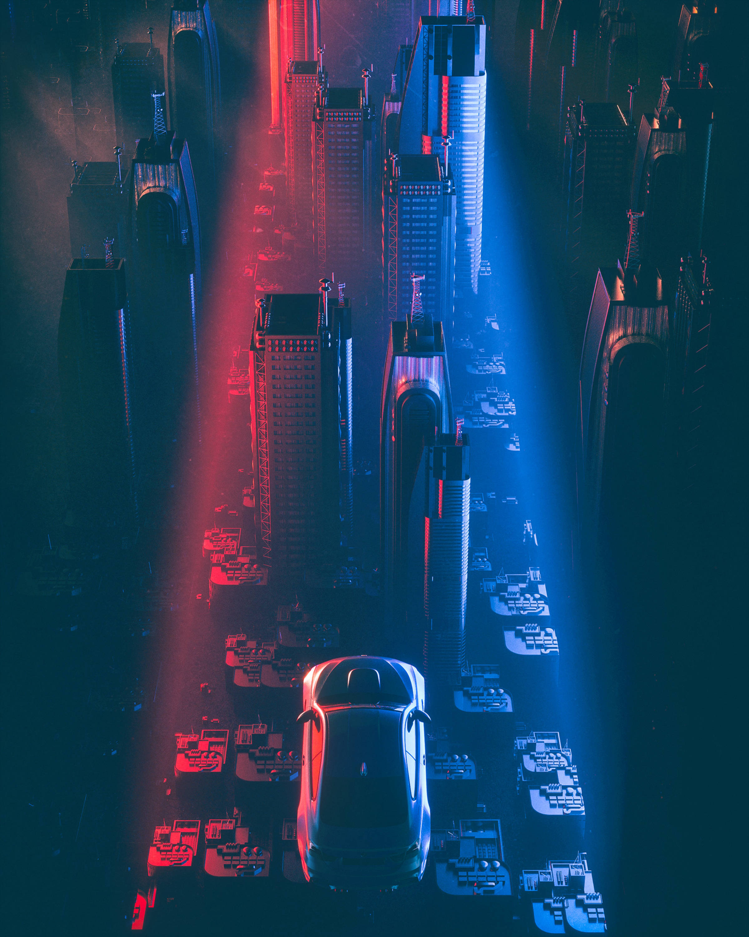 賽博龐克城市 桌布 壁紙 — 一輛流線型汽車在夜晚穿過霓虹燈閃爍的未來城市景觀，高聳的摩天大樓沐浴在紅藍光中。