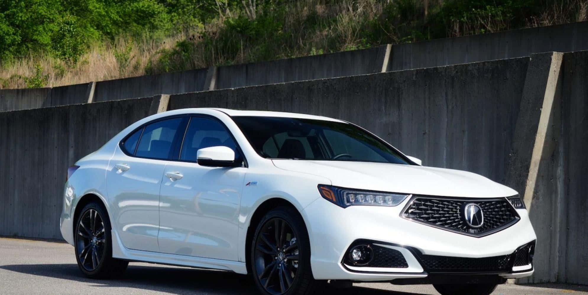 Acura Tlx 桌布 壁紙 — 一輛流線型白色Acura轎車配黑色輪圈，在明亮日光下停放在混凝土牆旁邊。