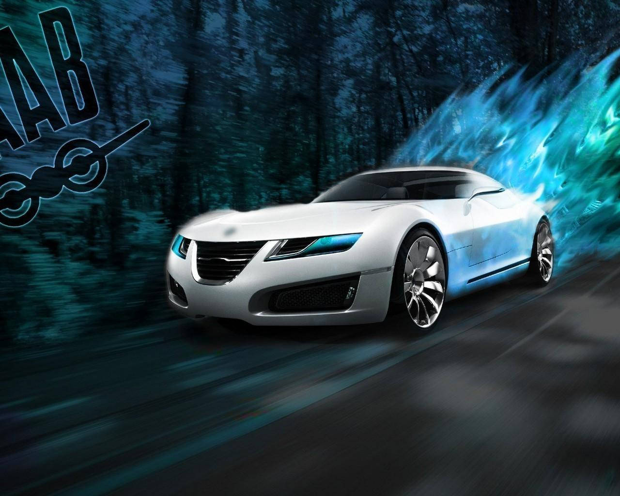 Saab 桌布 壁紙 — 一輛流線型白色Saab概念車在黑暗森林中疾馳，車尾拖曳著發光的藍色能量軌跡。