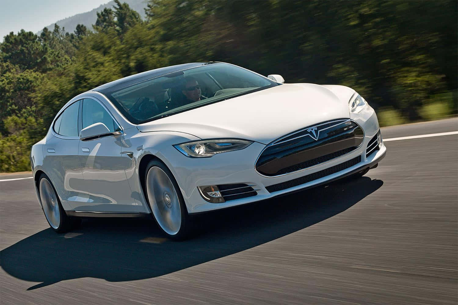 Car Model 桌布 壁紙 — 一輛流線型白色Tesla Model S在陽光明媚的道路上行駛，背景是模糊的綠色樹木。