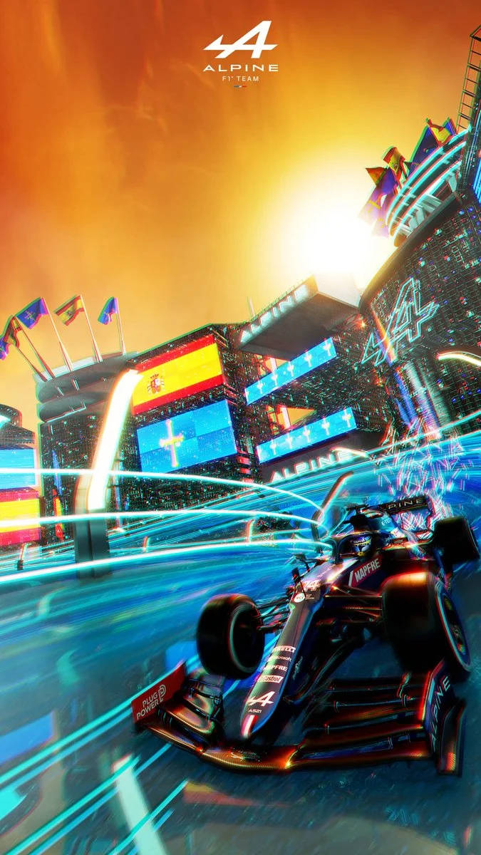 F1 桌布 壁紙 — 一輛流線型的Alpine F1賽車在日落時分穿過霓虹燈照亮的未來城市景觀，留下發光的軌跡和高聳的數位廣告牌。