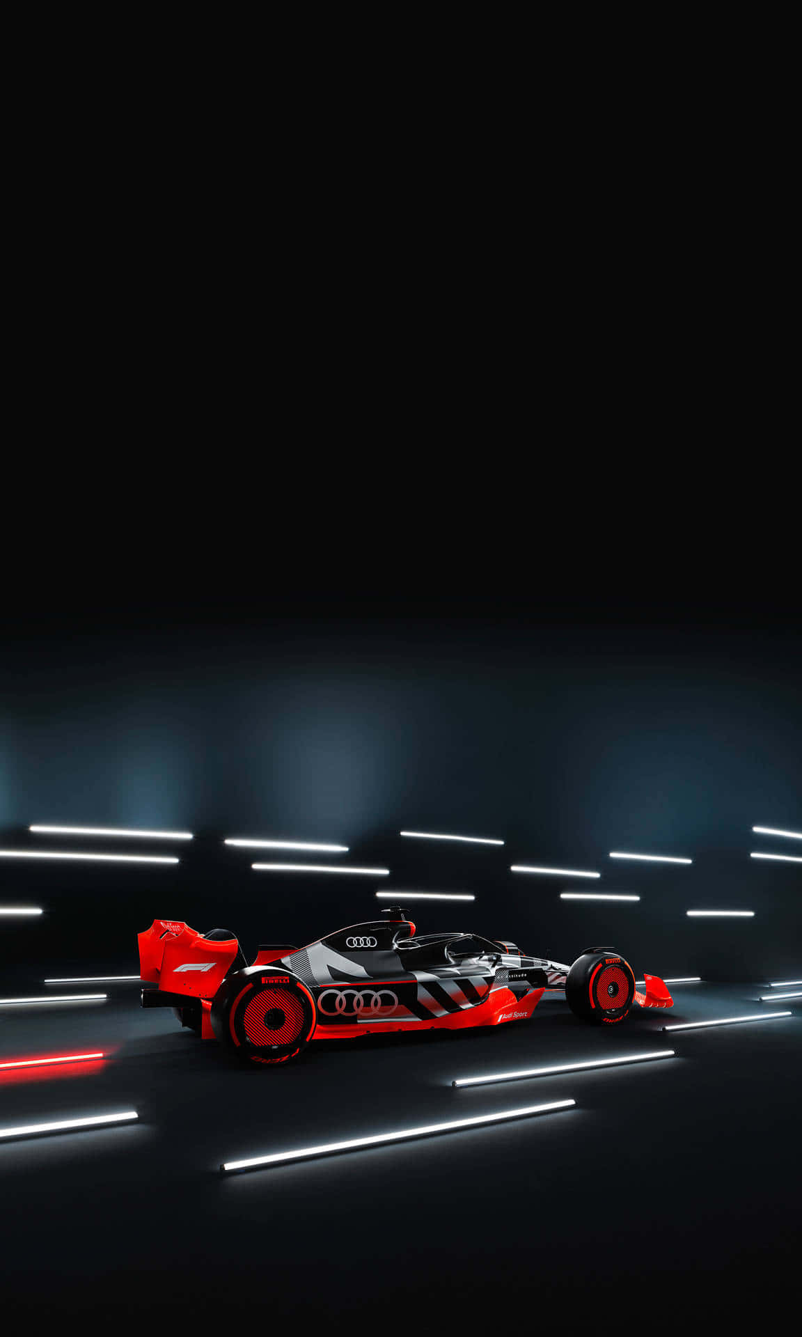Formula 1 iPhone 桌布 壁紙 — 一輛流線型的紅黑奧迪賽車在黑暗的隧道中滑行，隧道由發光的白色和紅色霓虹燈線照亮。