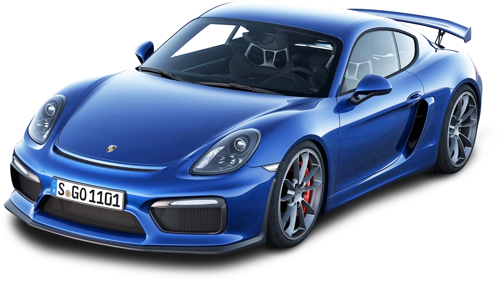 保時捷 桌布 壁紙 — 一輛流線型的藍色保時捷 Cayman GT4 跑車，配備紅色制動卡鉗和後擾流板，在黑色背景上孤立展示。