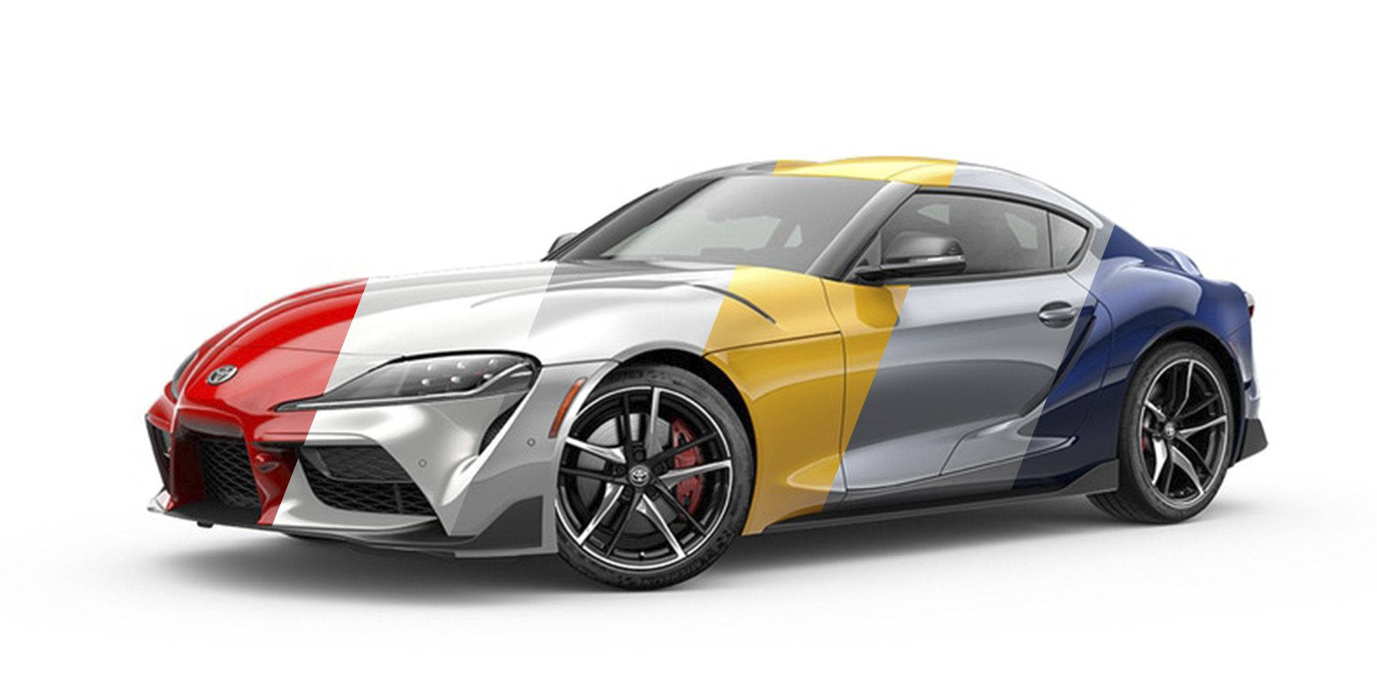 Supra 桌布 壁紙 — 一輛流線型的豐田Supra跑車，車身塗上大膽的紅、黃、藍色斜紋，襯托純白背景。