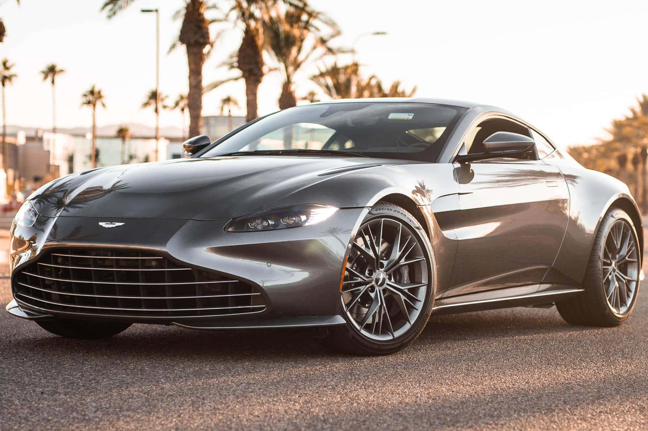 奧斯頓馬丁 桌布 壁紙 — 一輛流線型的銀色Aston Martin跑車在金色夕陽下，在棕櫚樹旁的鋪砌道路上閃閃發光。