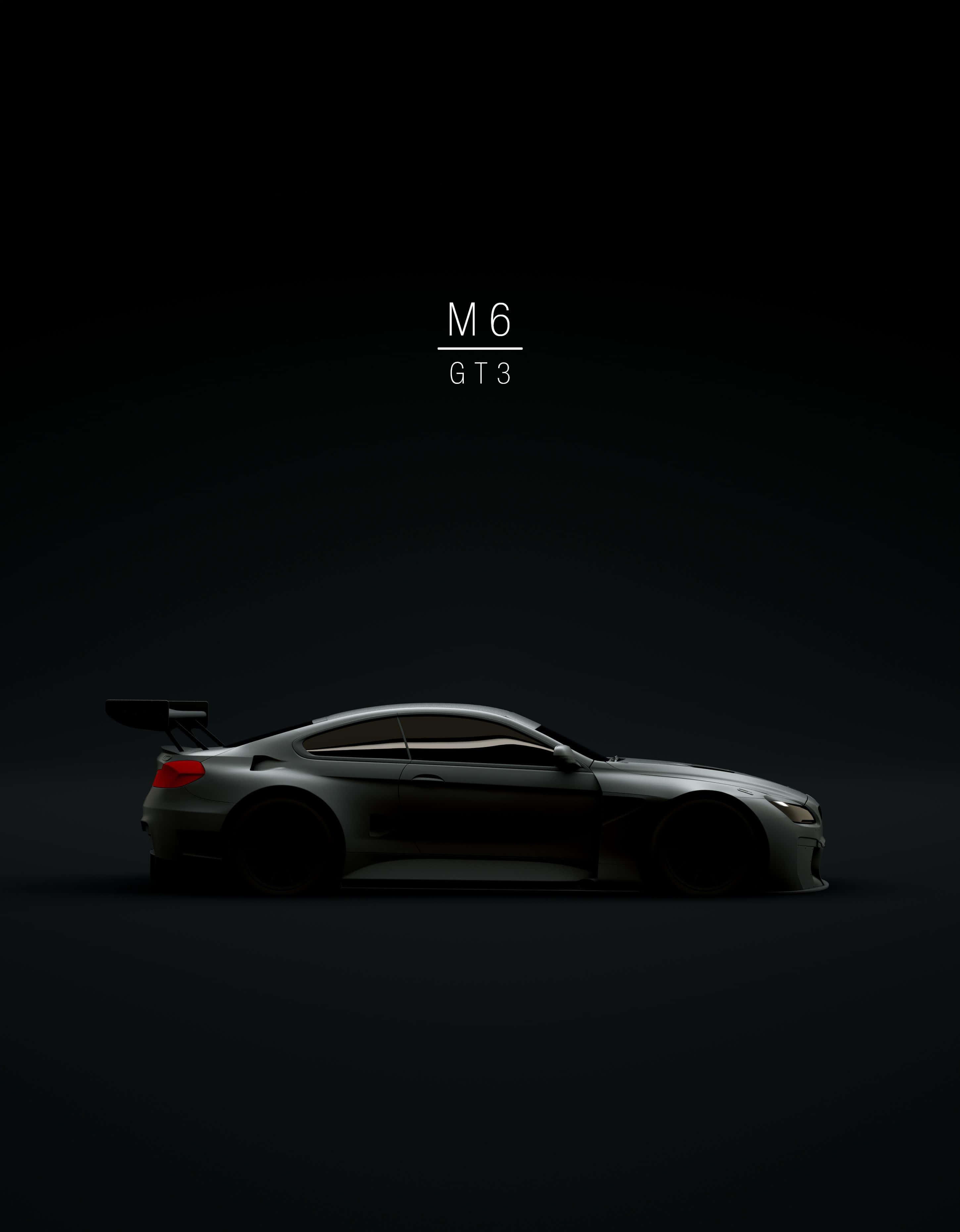 Minimalist Car 桌布 壁紙 — 一輛流線型的銀色BMW M6 GT3賽車在深黑色工作室背景上微微發光，上方有極簡文字。