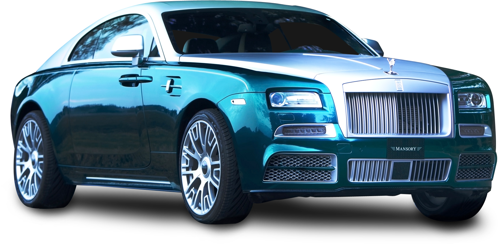 勞斯萊斯 桌布 壁紙 — 一輛流線型的青綠色 Mansory 改裝 Rolls Royce Ghost 在純黑色背景下的攝影棚燈光中閃耀。