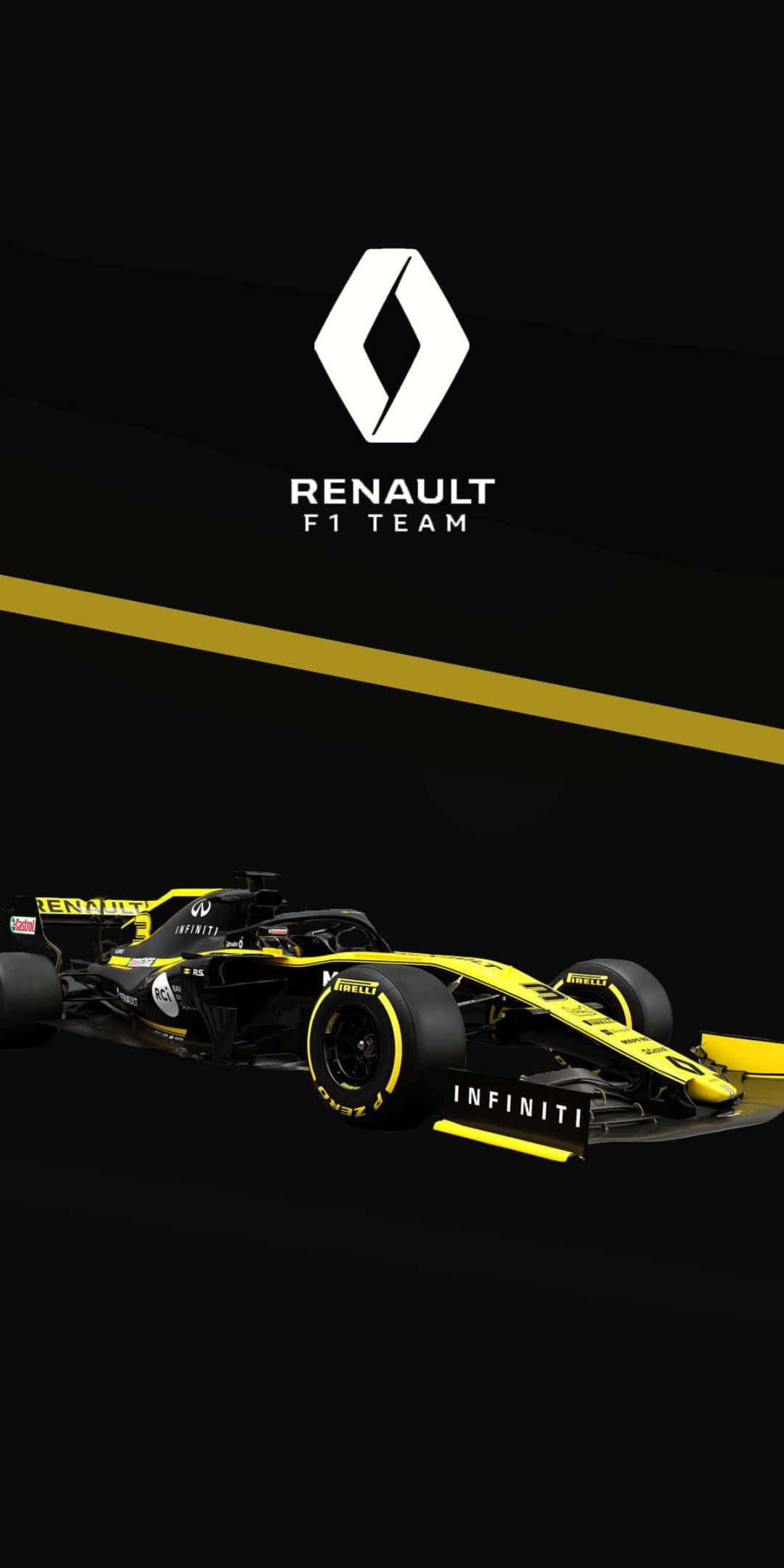 Pixel 3 F1 2019 桌布 壁紙 — 一輛流線型的黃黑配色雷諾F1車隊賽車，在深色背景上以動態角度呈現，帶有醒目的黃色條紋和標誌。