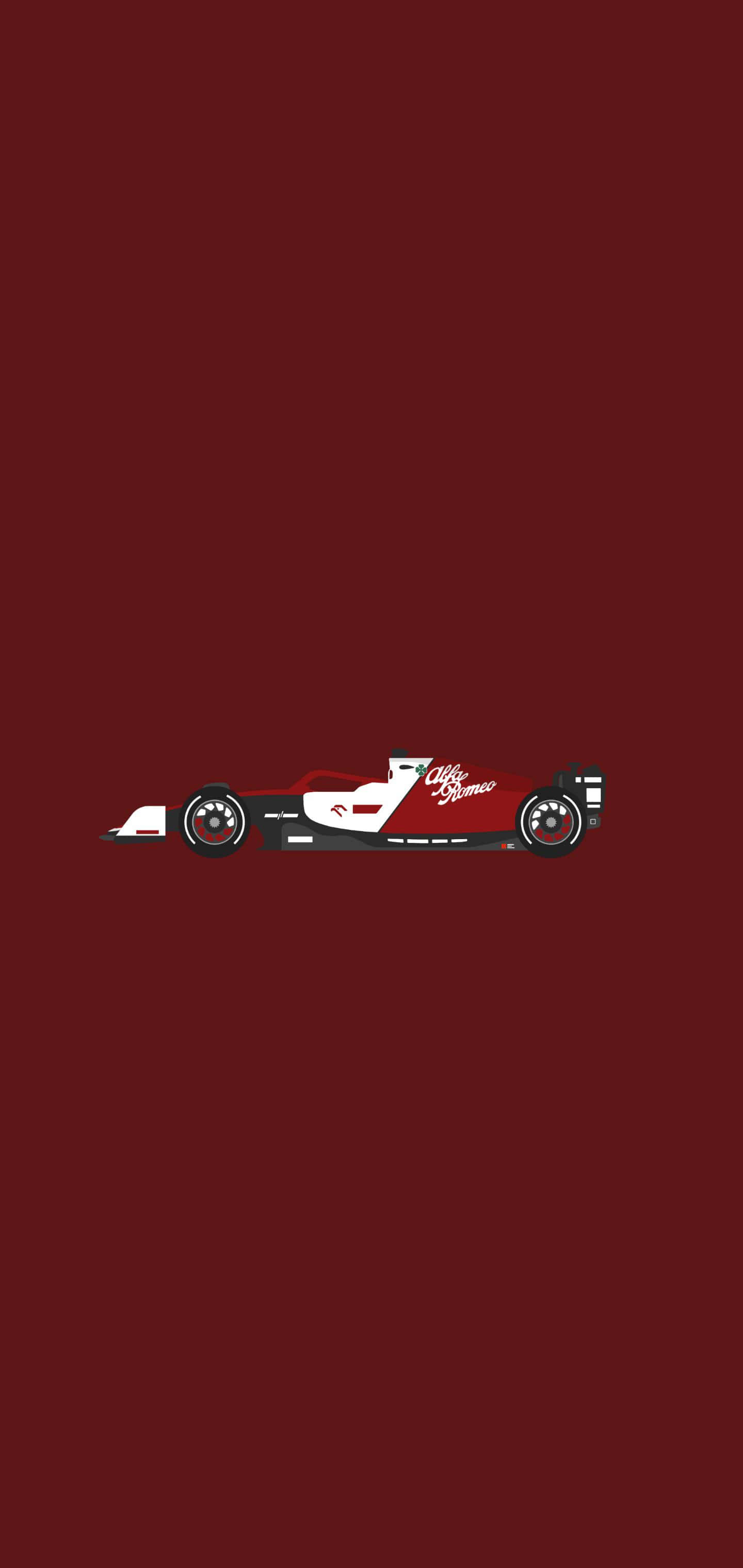 Minimalist Sports 桌布 壁紙 — 一輛流線型紅白配色的愛快羅密歐一級方程式賽車，置中於純酒紅色背景上。