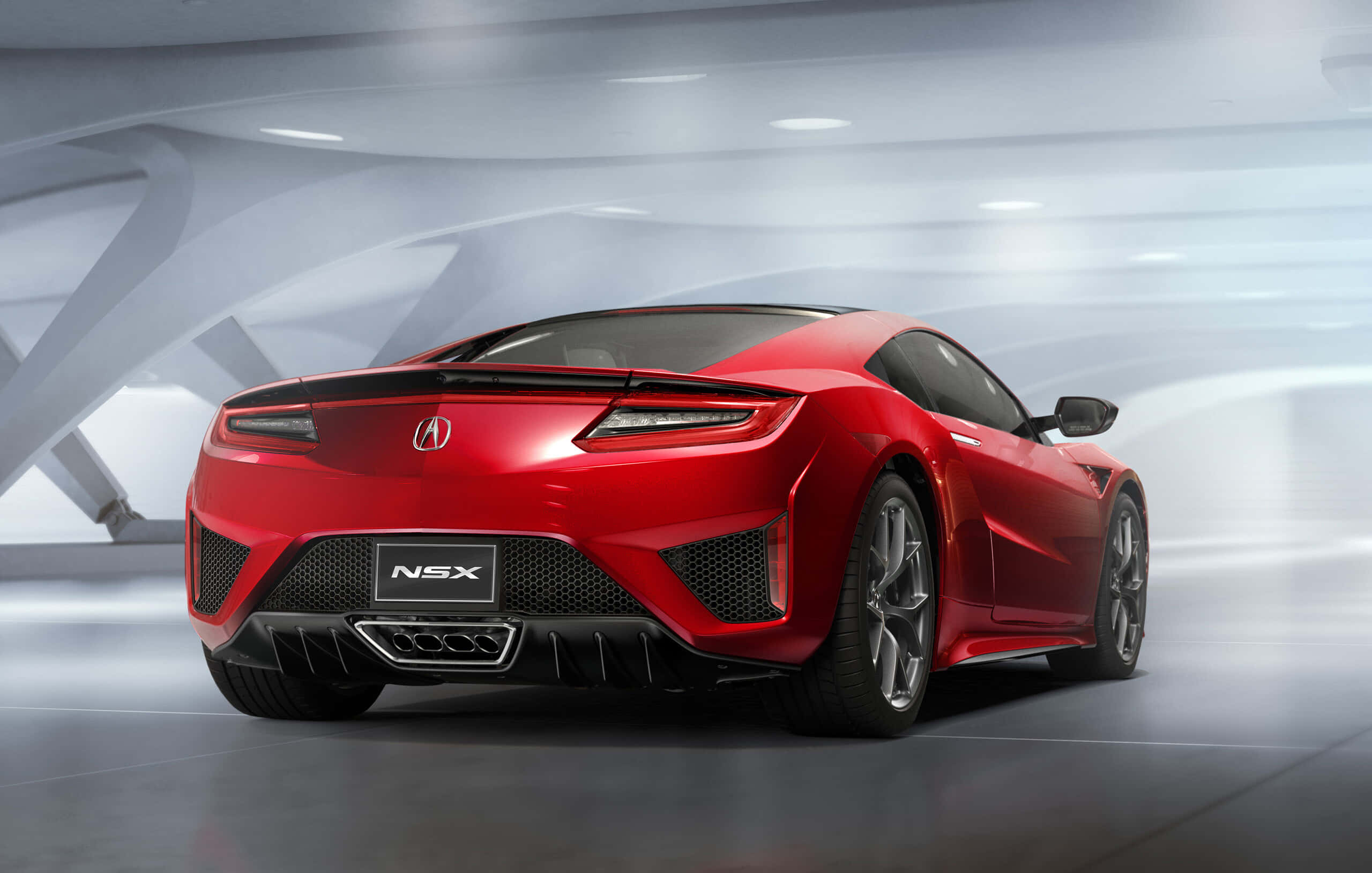 Honda Nsx 桌布 壁紙 — 一輛流線型紅色Acura NSX跑車在未來感白色隧道中的攝影棚燈光下閃耀。