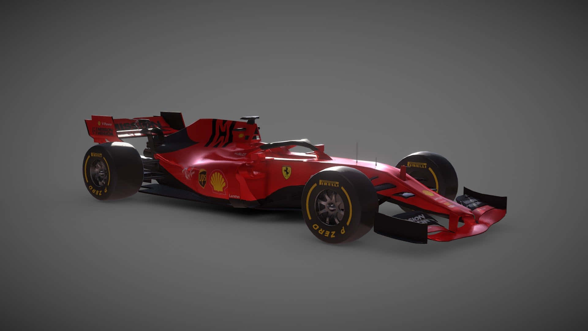 F1 2019 壁紙 桌布 壁紙 — 一輛流線型紅色法拉利F1賽車，帶有黑色飾邊和贊助商標誌，在灰色工作室背景前蓄勢待發。