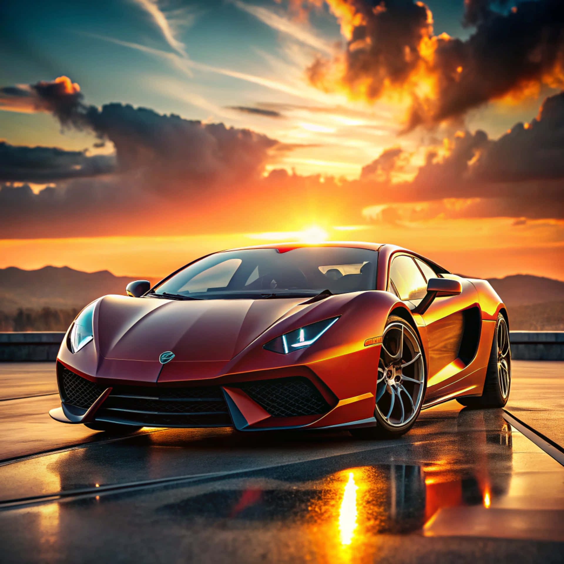 Sports car 壁紙 — 一輛流線型紅色跑車在充滿活力的日落天空下閃閃發光，橙色雲彩和遠山倒映在濕漉漉的路面上。