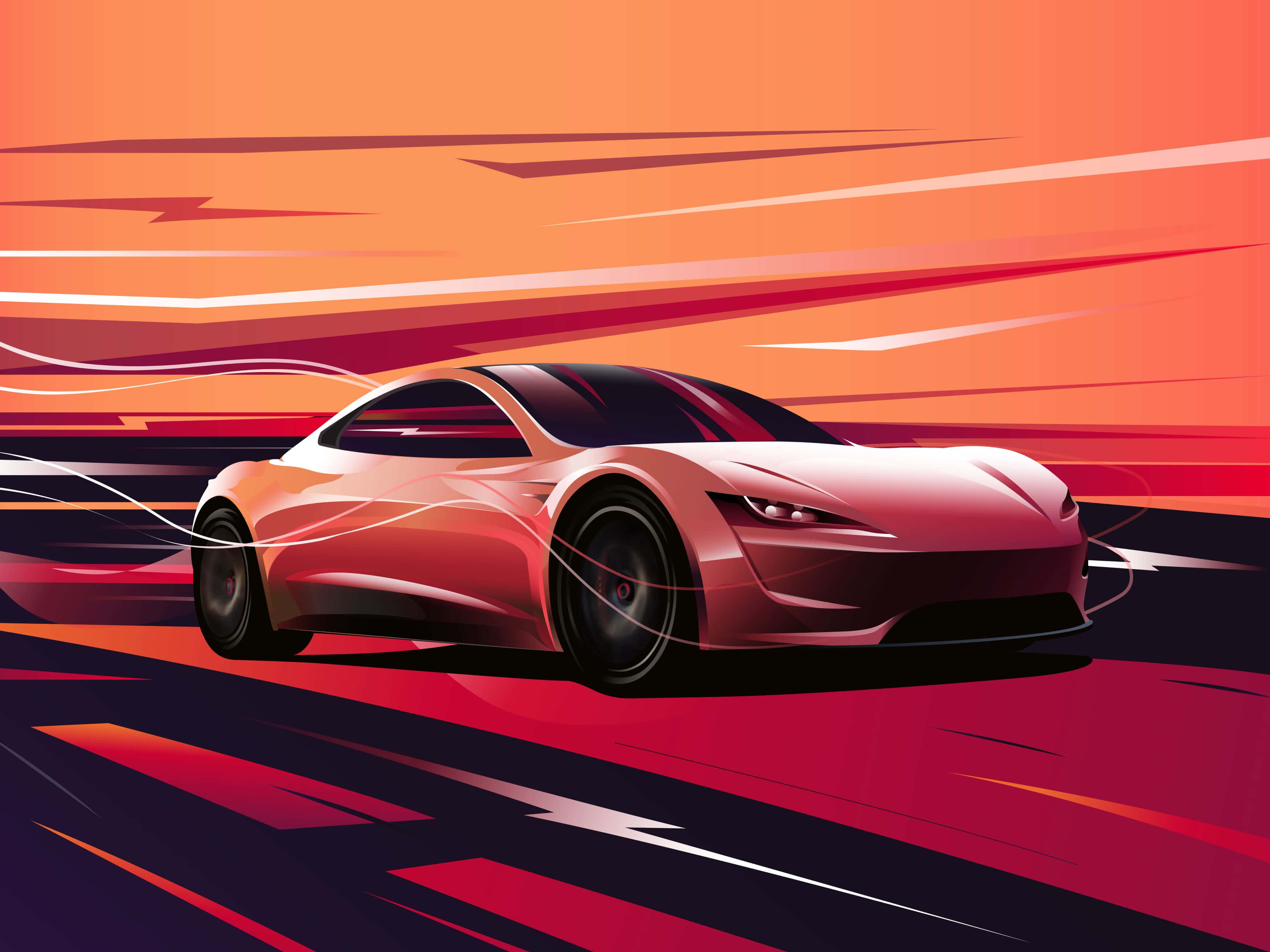 Hybrid Car 桌布 壁紙 — 一輛流線型紅色跑車在充滿活力的橙紅色抽象道路上奔馳，天空佈滿條紋狀的日落色彩。