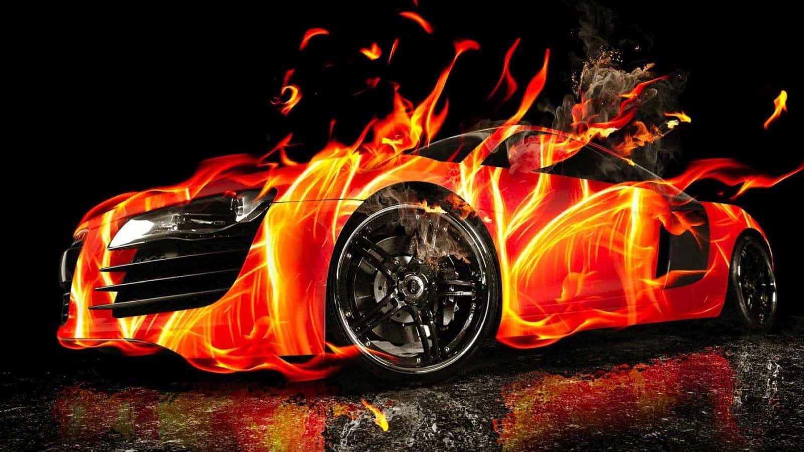 3d Fire 桌布 壁紙 — 一輛流線型紅色跑車被咆哮的橙色火焰吞沒，背景為黑色，濕漉漉的路面上映出火焰倒影。