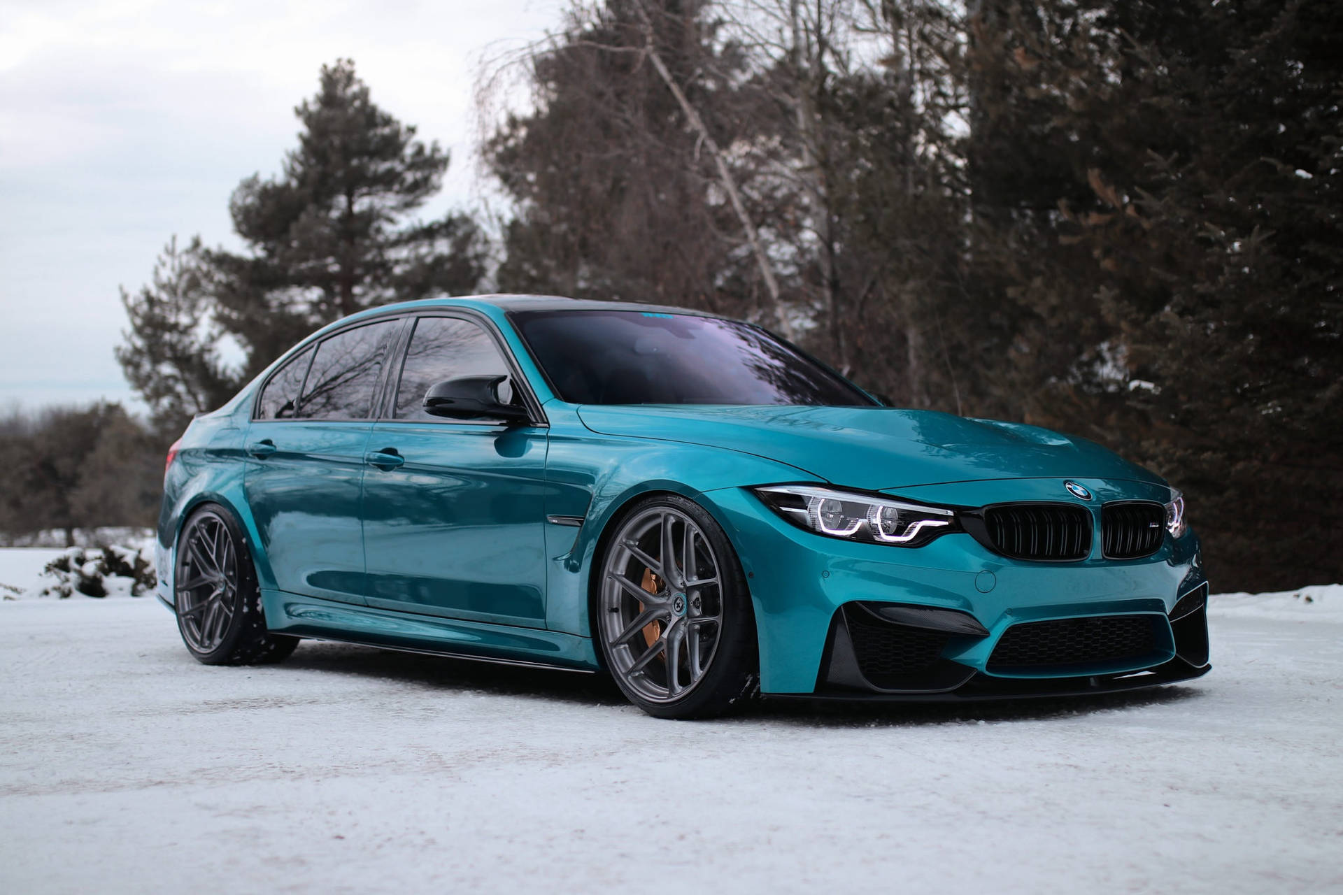 BMW 動圖 桌布 壁紙 — 一輛流線型綠松石色BMW M3轎車在陰天的雪地森林路上閃閃發光。