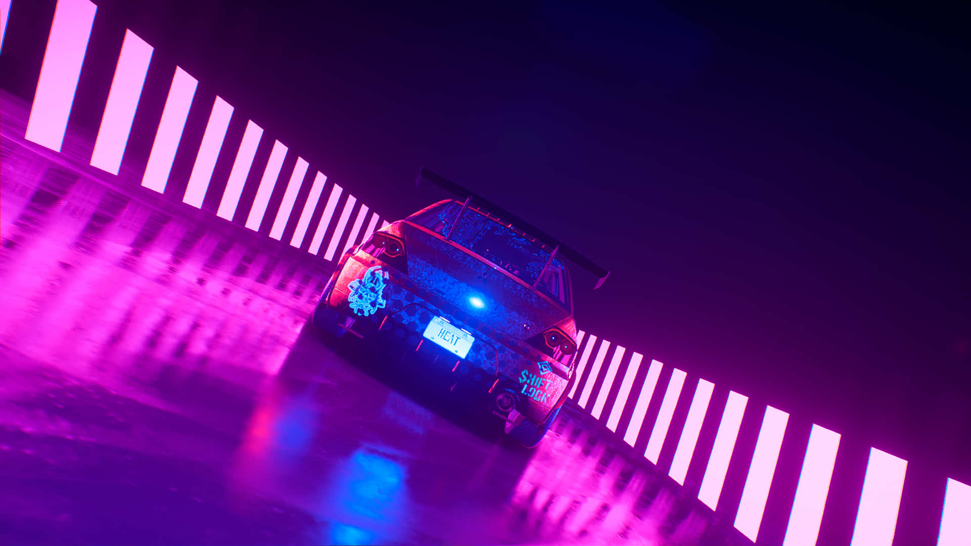 Pink Neon Aesthetic 桌布 壁紙 — 一輛流線型賽車在霓虹燈隧道中飄移，隧道閃爍著充滿活力的粉紅和藍色燈光。