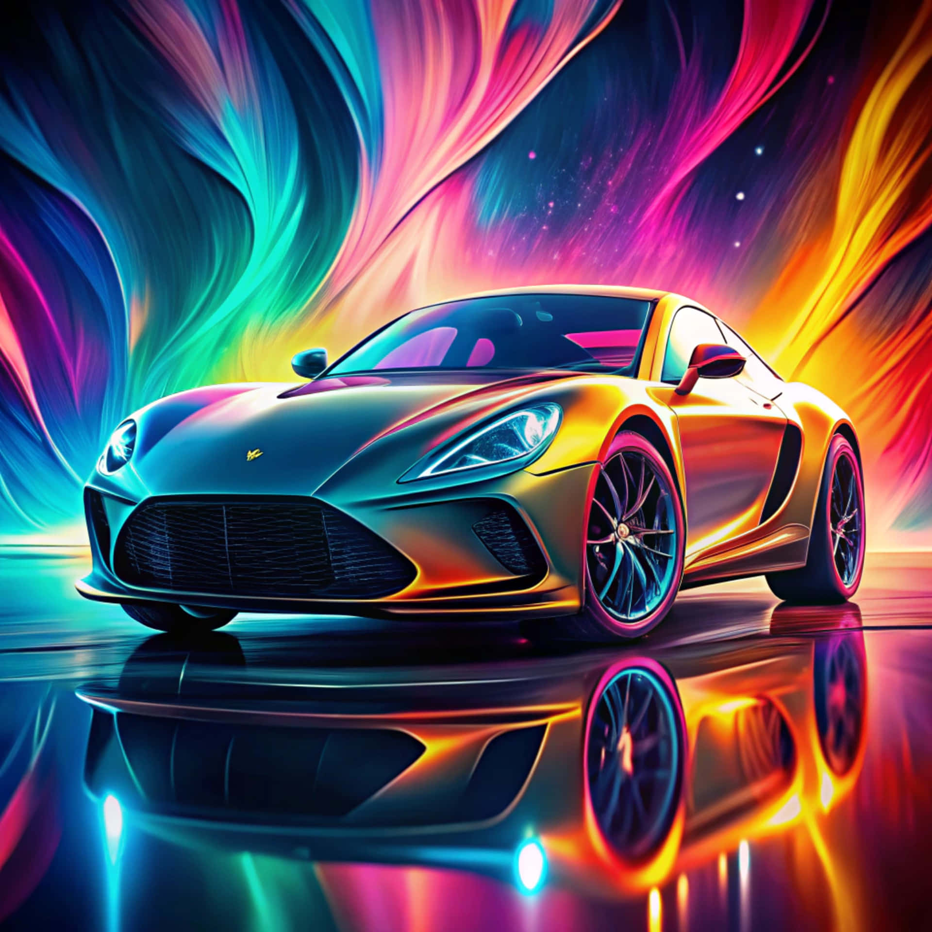 Sports car 壁紙 — 一輛流線型金色跑車在霓虹色彩旋轉的宇宙星雲下閃耀，下方有完美的反射表面。