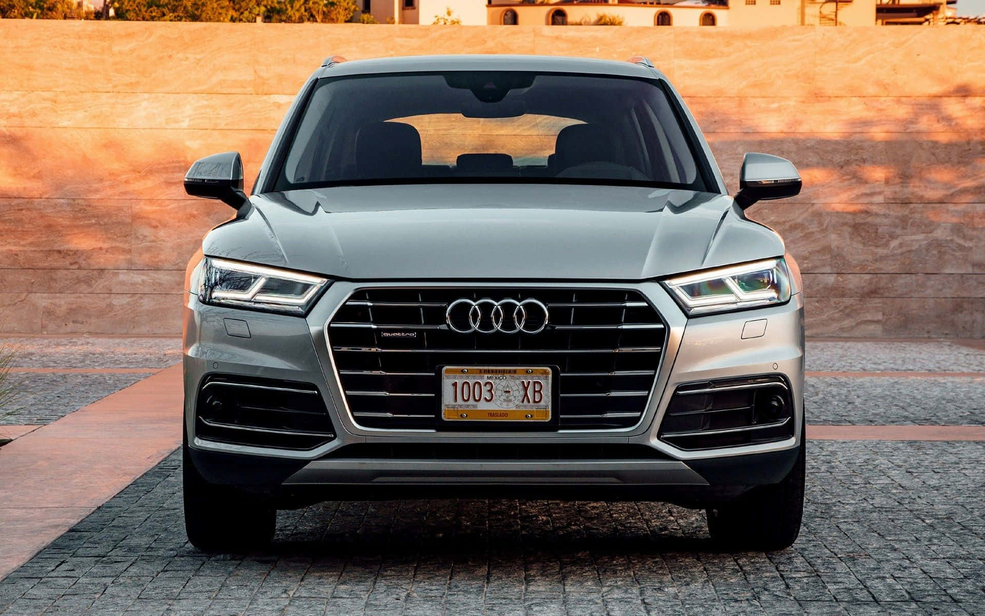 Audi Sq5 桌布 壁紙 — 一輛流線型銀色 Audi Q5 SUV 在鵝卵石車道上向前，沐浴在溫暖的黃金時段光線中。