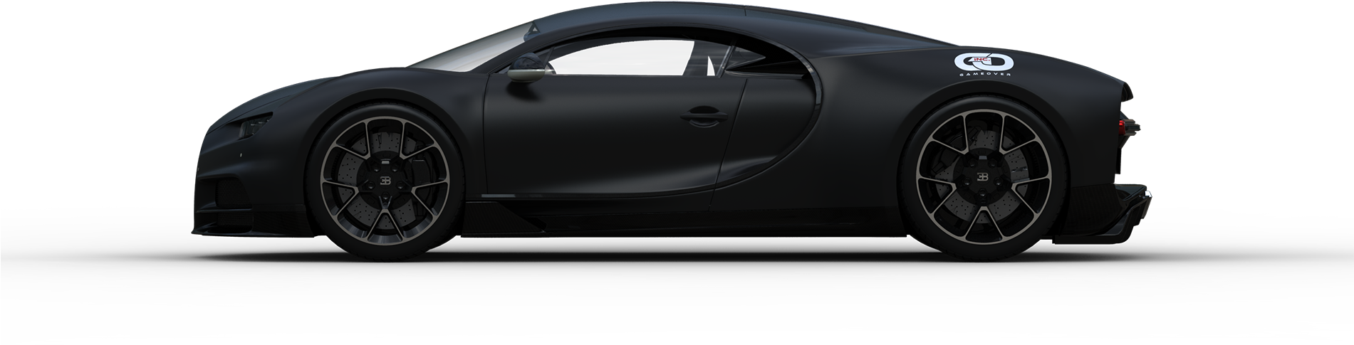 布加迪 桌布 壁紙 — 一輛流線型霧面黑色Bugatti Chiron跑車，以側面輪廓展示在純黑色背景上。