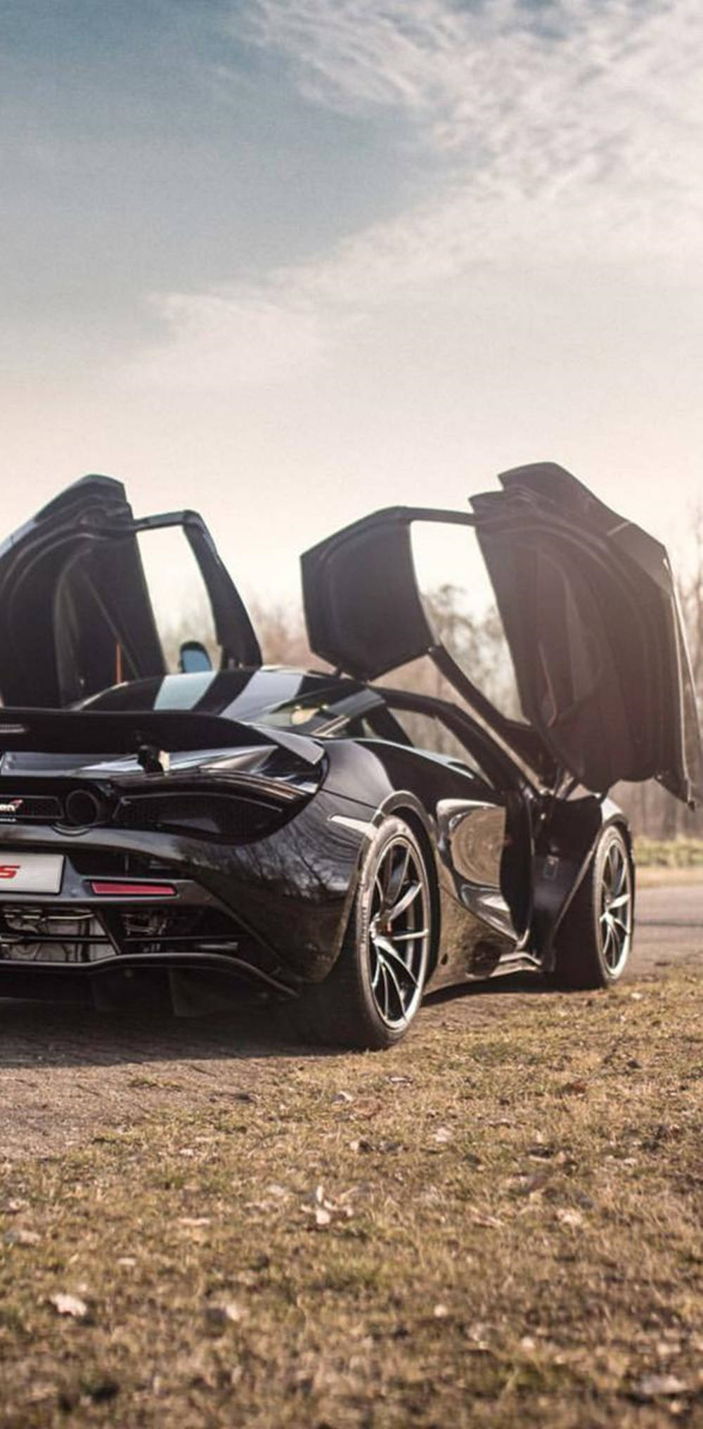 Grass 桌布 壁紙 — 一輛流線型黑色McLaren跑車，鷗翼門打開，停在晴朗天空下的草地上。