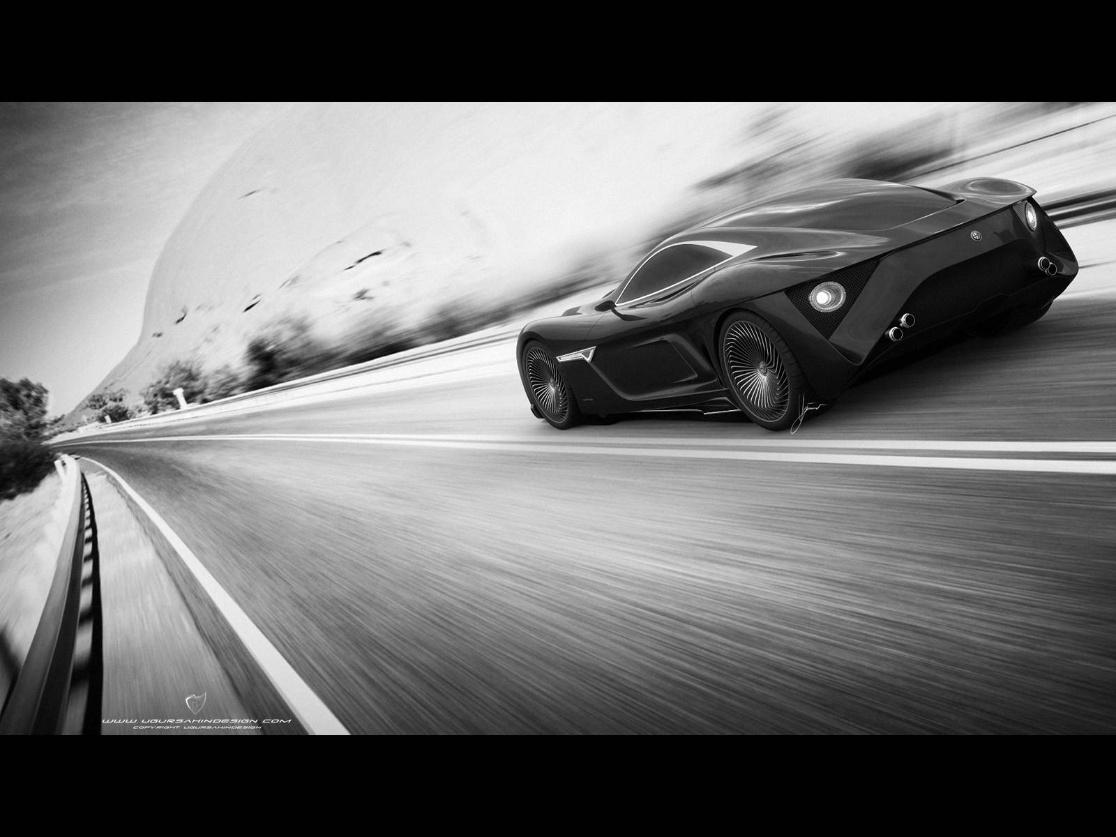 alfa romeo iPhone 桌布 壁紙 — 一輛流線型黑色未來感跑車在蜿蜒的山路上疾馳，動態模糊效果強調了速度。
