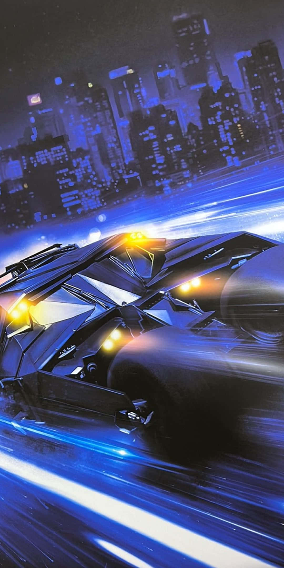 Pixel 3 Batmobile 桌布 壁紙 — 一輛流線型黑色蝙蝠車在夜晚穿過霓虹燈照亮的城市景觀，背景有發光的藍色條紋和照亮的摩天大樓。