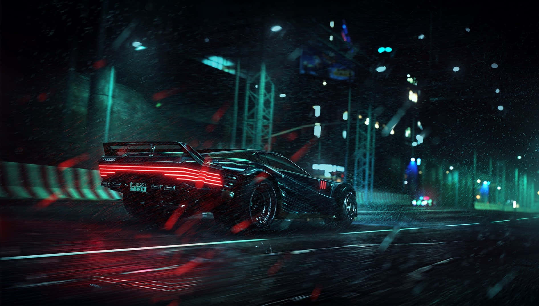 Cyberpunk Laptop 桌布 壁紙 — 一輛流線型黑色跑車，帶有發光的紅色尾燈，在夜間穿過雨濕的霓虹燈城市街道。