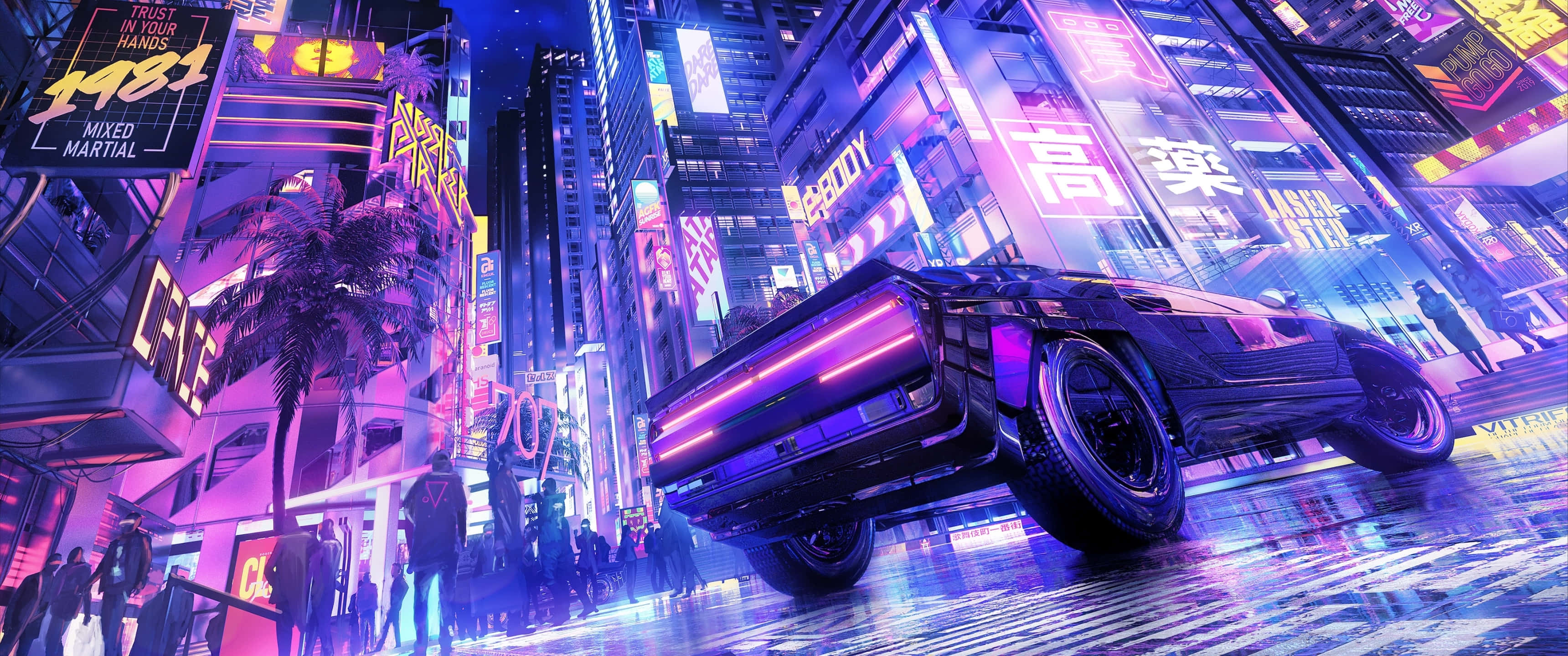 3440x1440 Neon 桌布 壁紙 — 一輛流線型黑色跑車在夜晚穿過霓虹燈閃爍的賽博龐克城市景觀，周圍有發光的招牌和潮濕反光的街道。