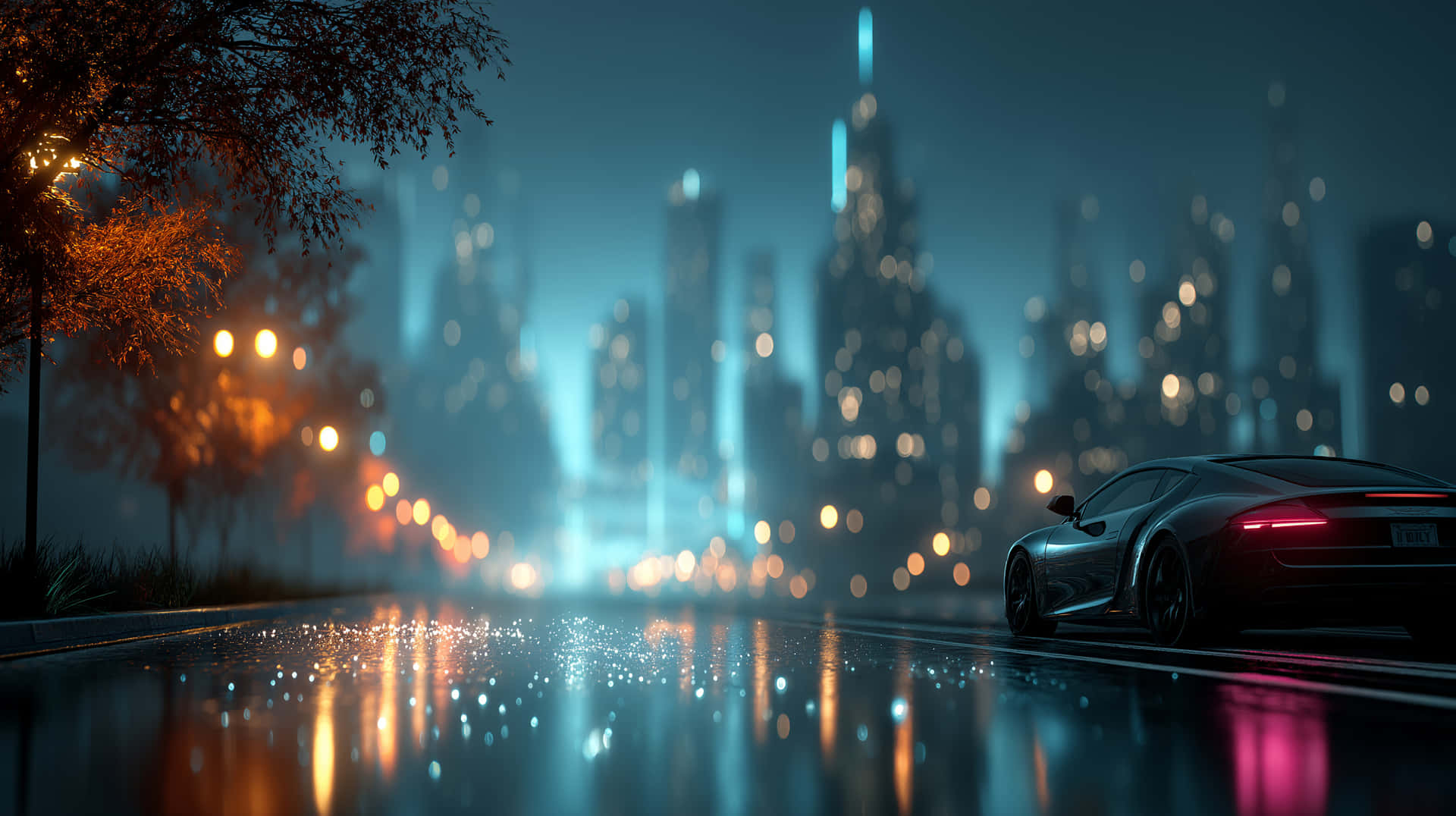 Sleek Vehicle on a Wet Urban Avenue at Dusk 壁紙 — 一輛流線型黑色跑車在夜間濕滑的城市街道上行駛，發光的散景燈光在潮濕的路面上反射。