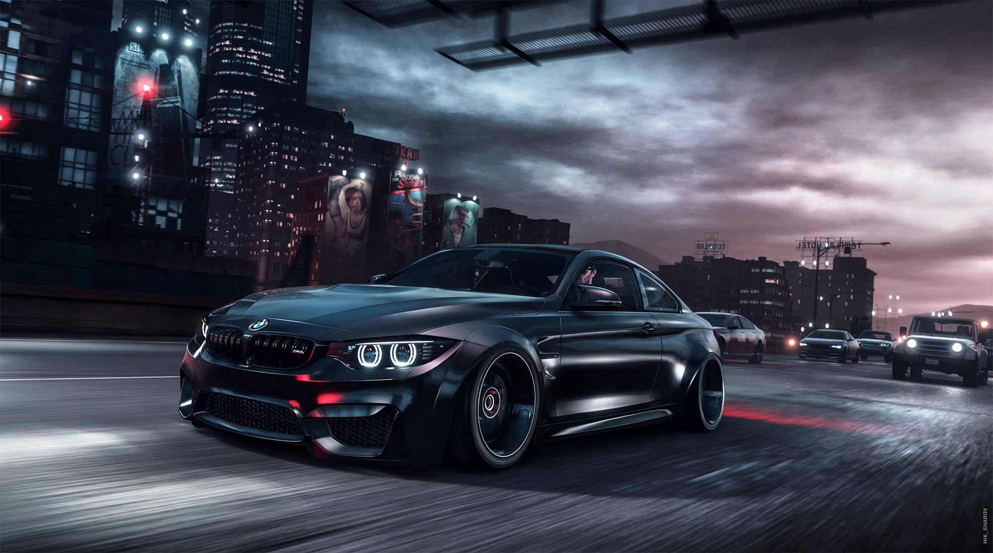 BMW 動圖 桌布 壁紙 — 一輛流線型黑色跑車在潮濕的都市街道上飛馳，背景是陰鬱的暮色天空和閃爍的城市燈光。