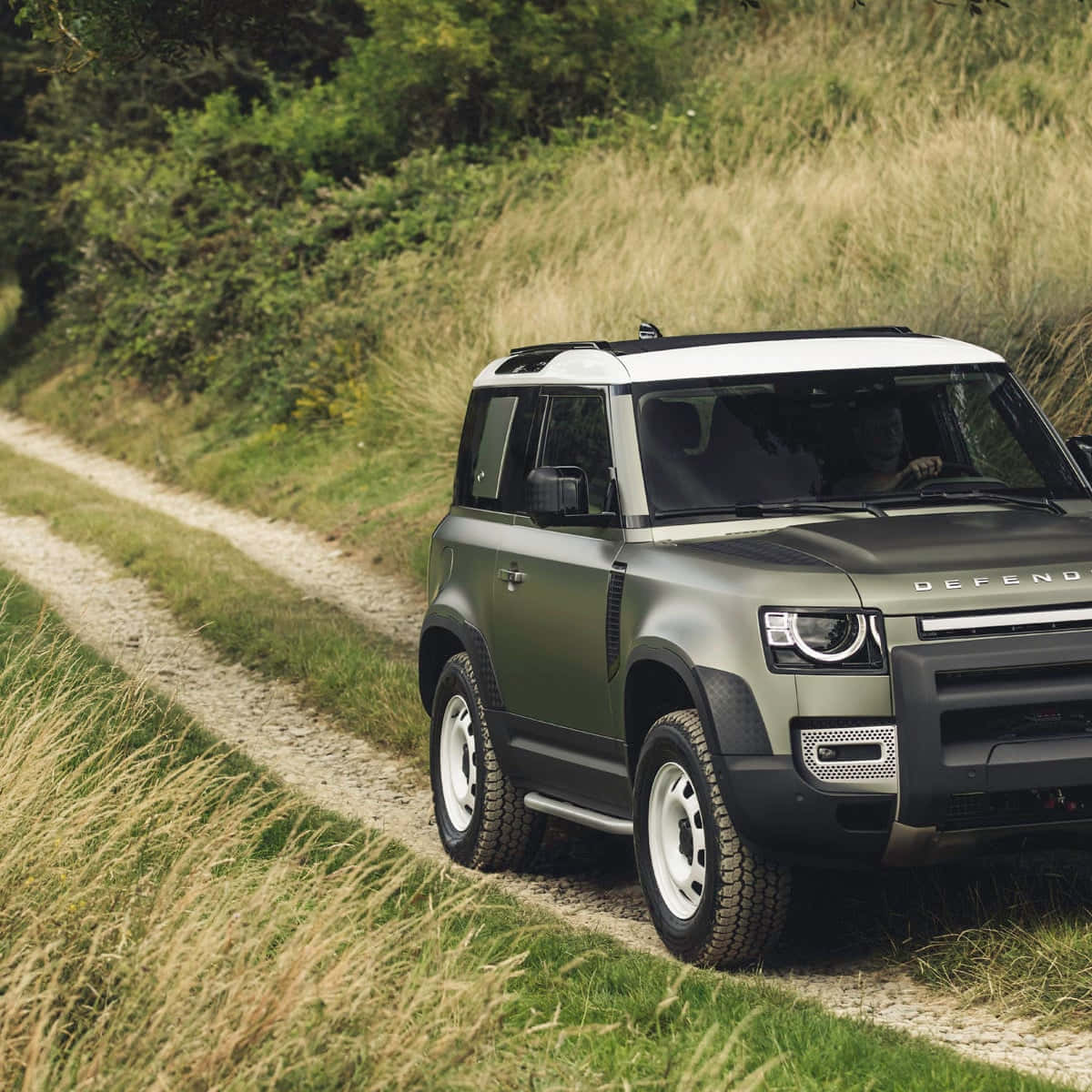 Land Rover Defender 桌布 壁紙 — 一輛消光橄欖綠色的Land Rover Defender沿著碎石路行駛，穿過高高的草叢和茂密的綠色森林。
