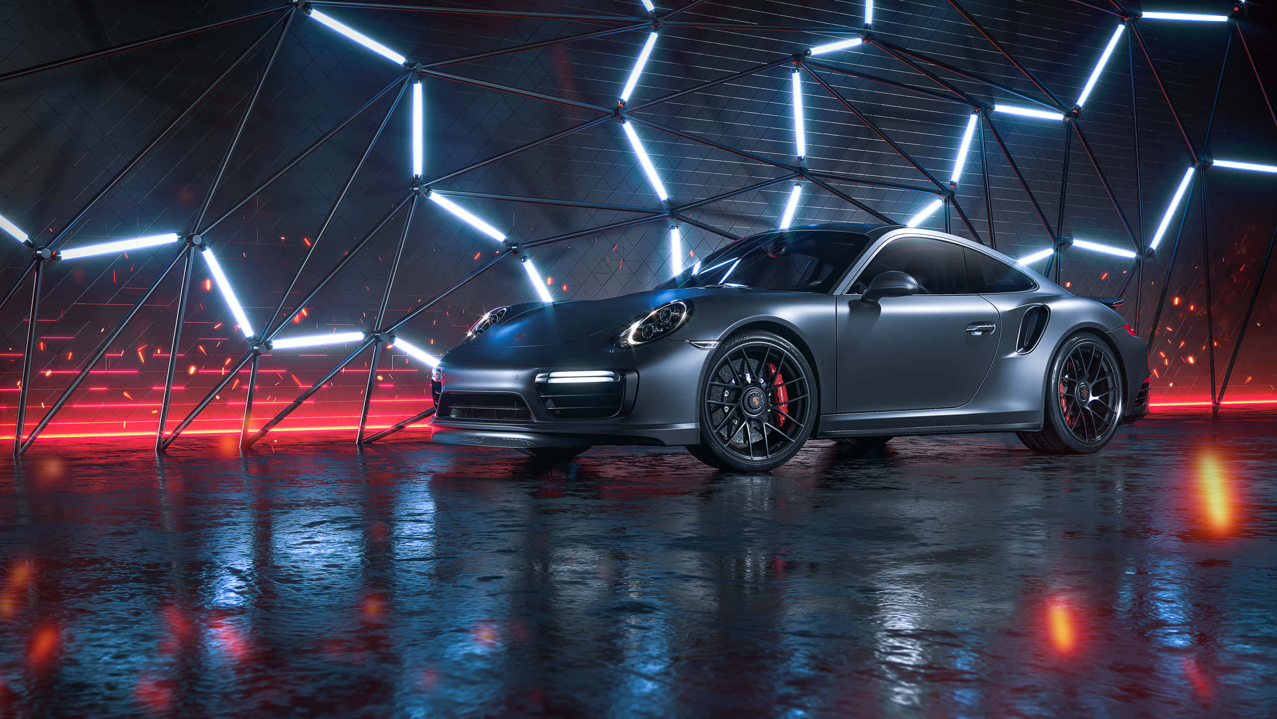 保時捷 桌布 壁紙 — 一輛消光灰色的保時捷911 Turbo S在未來風格的幾何圓頂內，在霓虹藍光和紅光下閃耀，地面濕潤反光。