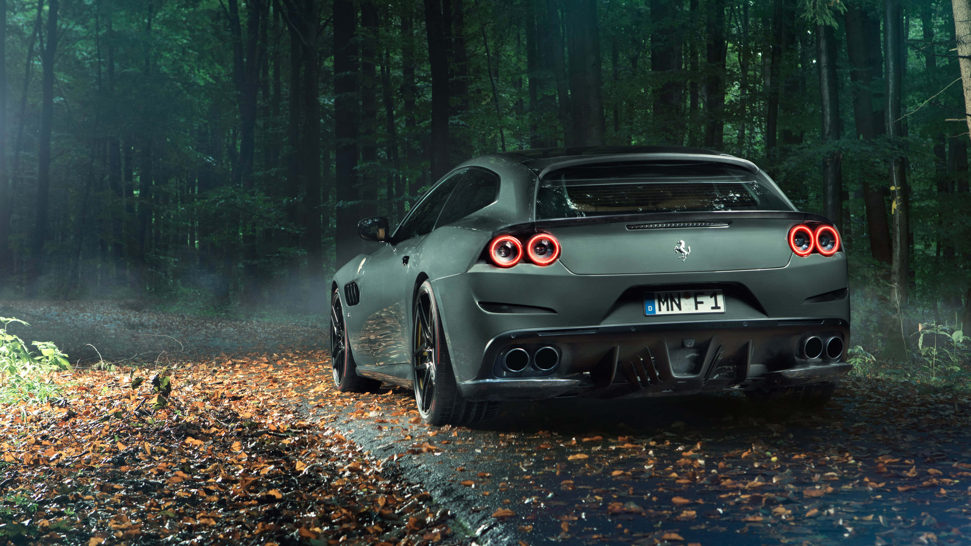 Ferrari Gtc4lusso 桌布 壁紙 — 一輛消光灰色的法拉利穿過霧氣瀰漫的森林，紅色尾燈閃爍，落葉飄零。