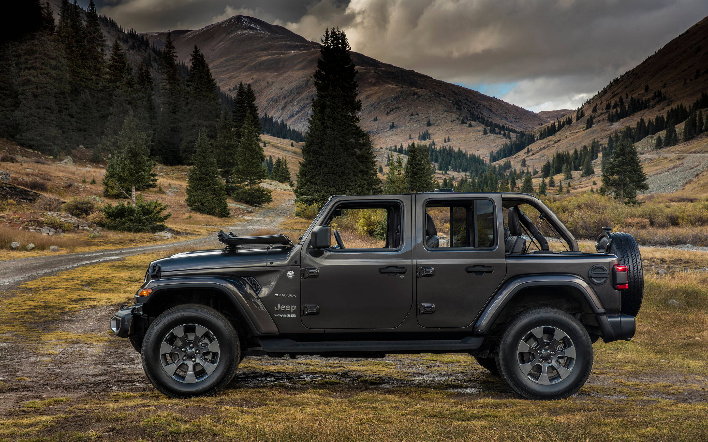 Black Jeep 桌布 壁紙 — 一輛消光黑色Jeep Wrangler停在泥路上，周圍是崎嶇的山谷，有常綠樹和暴風雨的天空。
