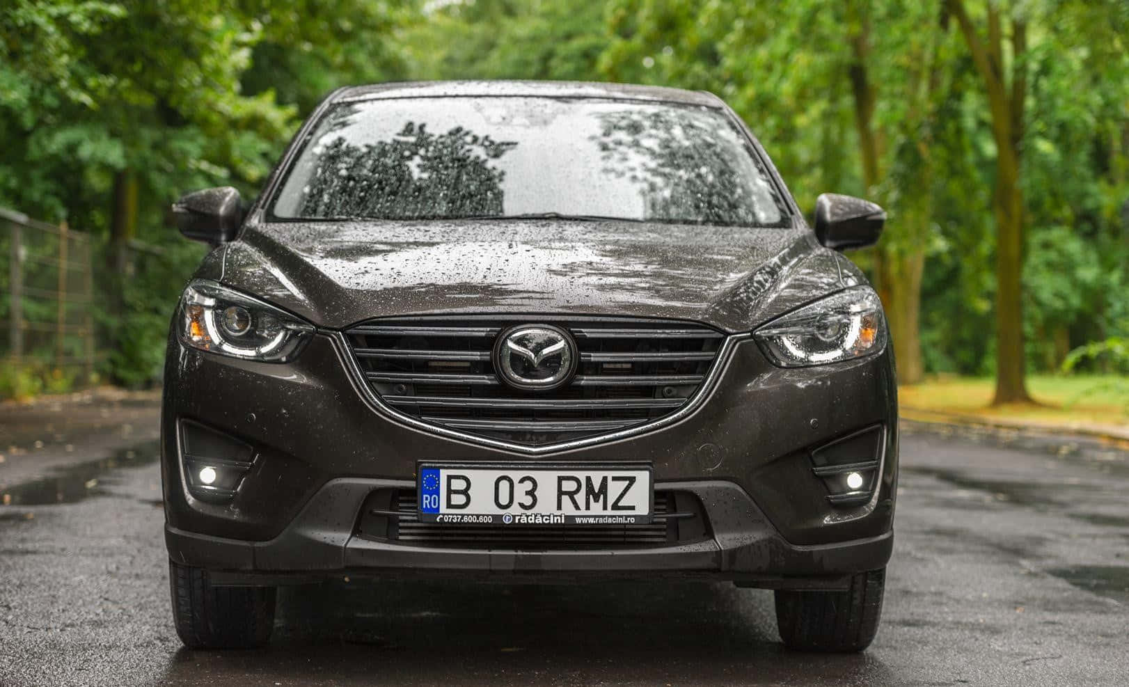 Mazda Cx-30 桌布 壁紙 — 一輛深灰色Mazda CX-3在雨後濕滑的道路上向前行駛，周圍環繞著茂密的綠樹。