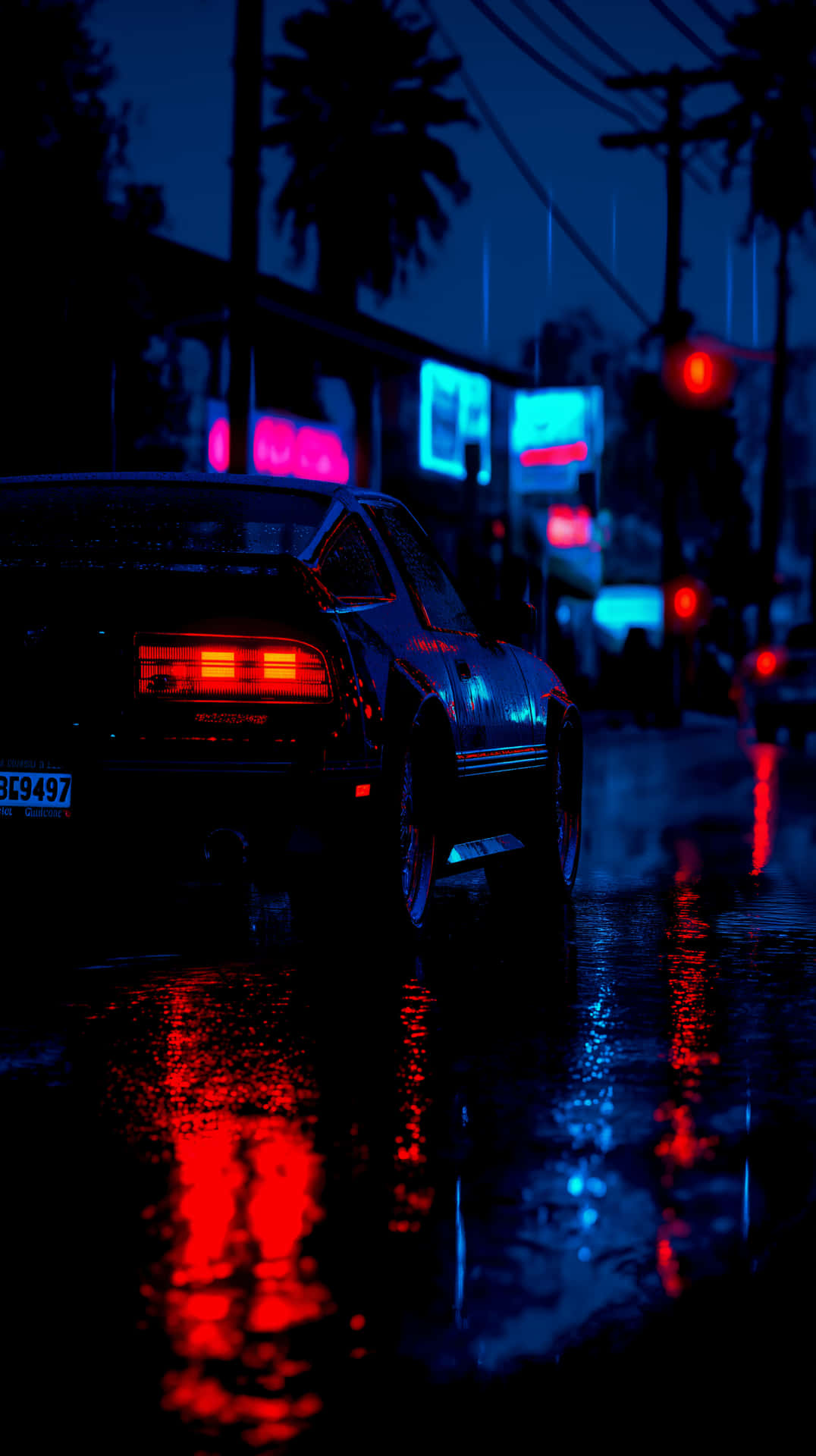 Rainy Neon Drive 壁紙 — 一輛深色轎車發光的紅色尾燈在雨夜的城市景觀中，在霓虹燈招牌下的濕漉漉路面上反射。