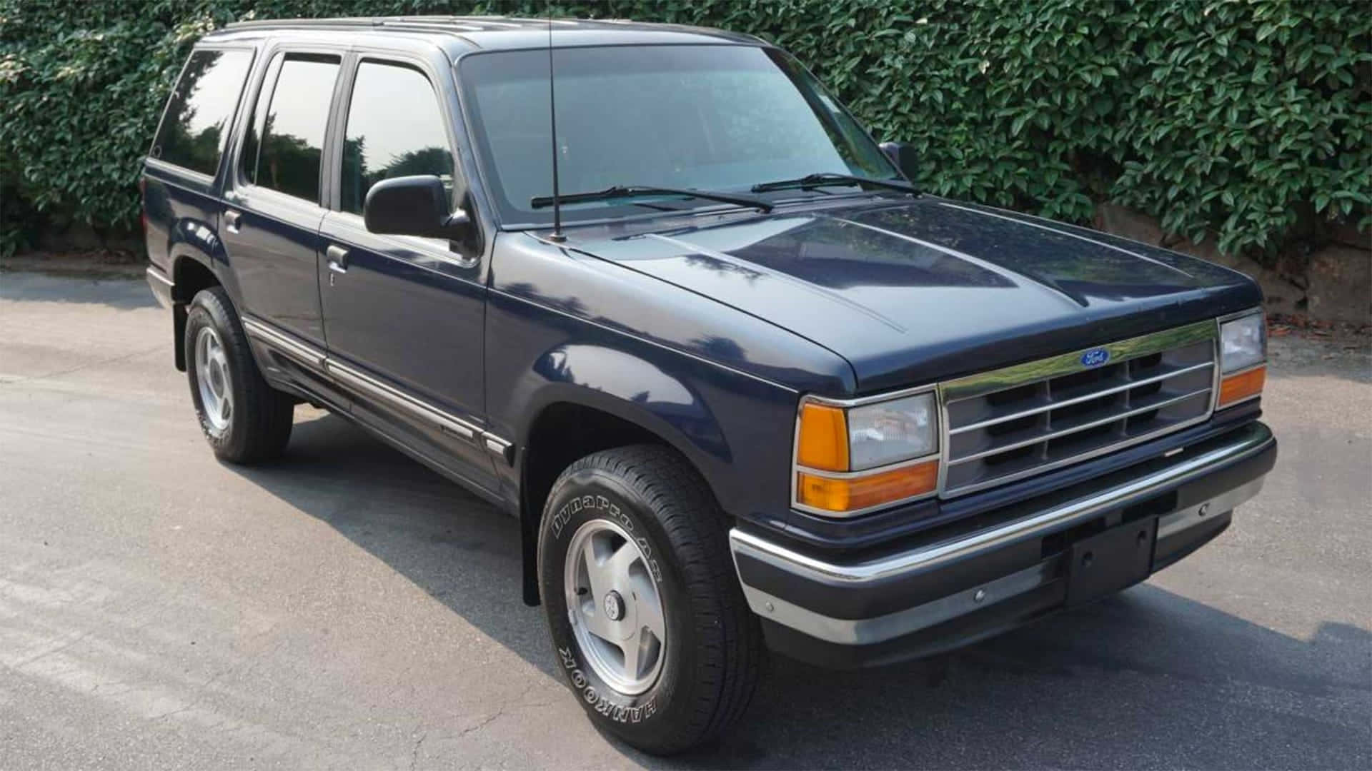 Ford Explorer 桌布 壁紙 — 一輛深藍色福特Explorer SUV停在柏油路上，背景有綠色樹葉，在明亮的日光下。