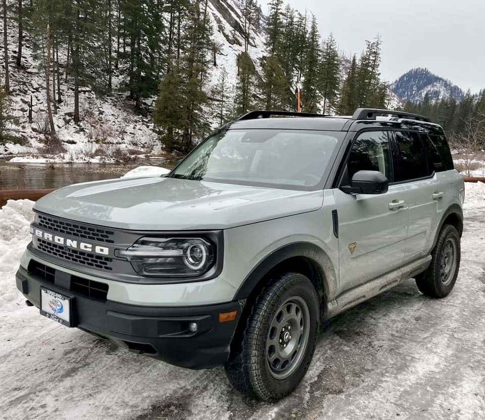 Off-road Car 桌布 壁紙 — 一輛淺灰色福特Bronco SUV停泊在河邊的雪地上，背景是沾滿雪的松樹和山脈。