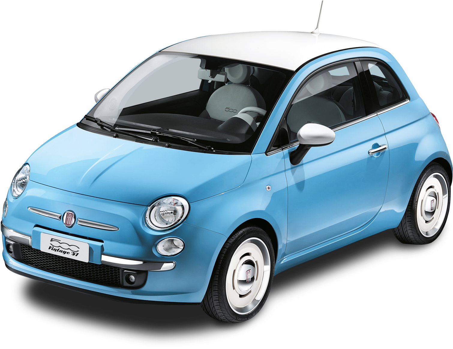 飛雅特 桌布 壁紙 — 一輛淺藍色Fiat 500 Vintage 54，白色車頂和經典車輪，在黑色背景下的工作室燈光中展示。