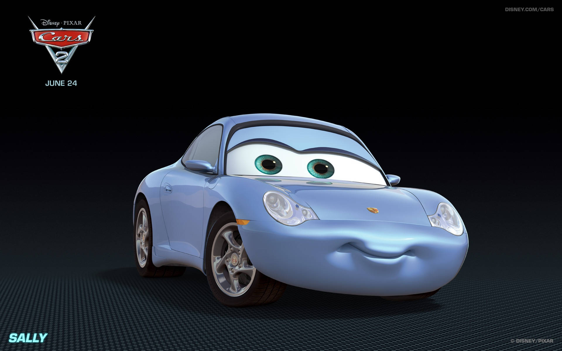 cars 桌布 壁紙 — 一輛淺藍色動畫保時捷汽車，擁有大的表情豐富的眼睛和微笑，在深色紋理背景前擺姿勢。